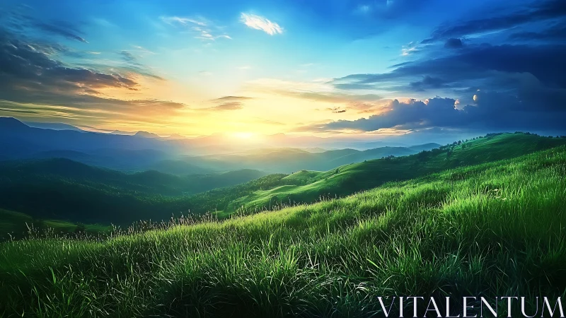 Sunrise light rolls over vivid green mountain hills