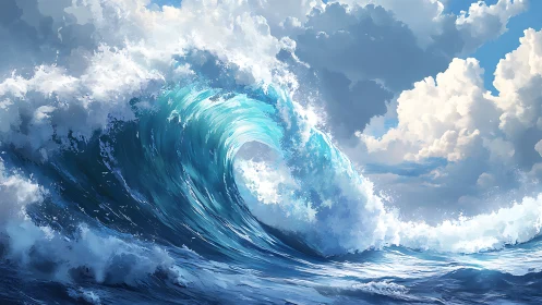 Towering turquoise wave curls beneath luminous clouds.