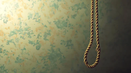 Rope noose hanging against mottled textured wall.