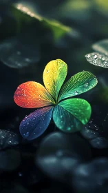 Chromatic macro study of rainbow clover leaf with dew droplets.
