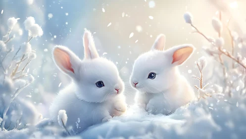 Digital painting of white winter rabbits in soft-focus snowfield.