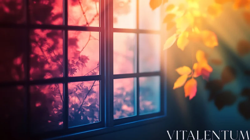 Sunlit autumn leaves glowing against soft window shadows.