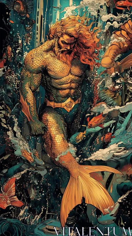Muscular merman warrior with golden scaled tail in turbulent seascape