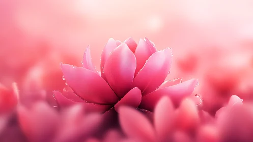 Pink Lotus with Dewdrops in Soft Focus Field.