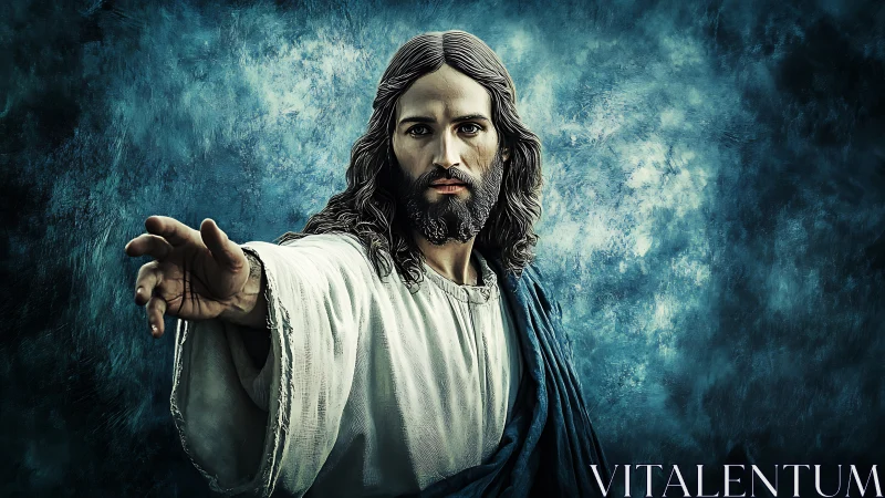 Outstretched robed figure before textured azure backdrop.