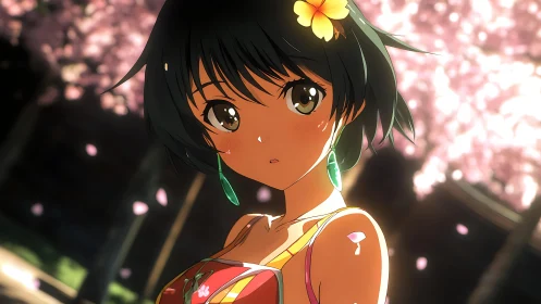Anime girl under cherry blossoms with warm bokeh lighting