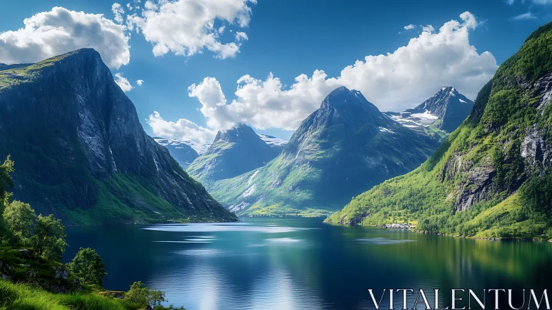 Sunlit fjord mountains rise over calm emerald waters