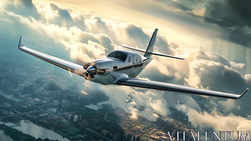 Sleek single engine aircraft cuts through sunlit city clouds