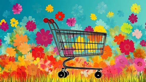 Shopping cart silhouette drifts through vivid digital flower field