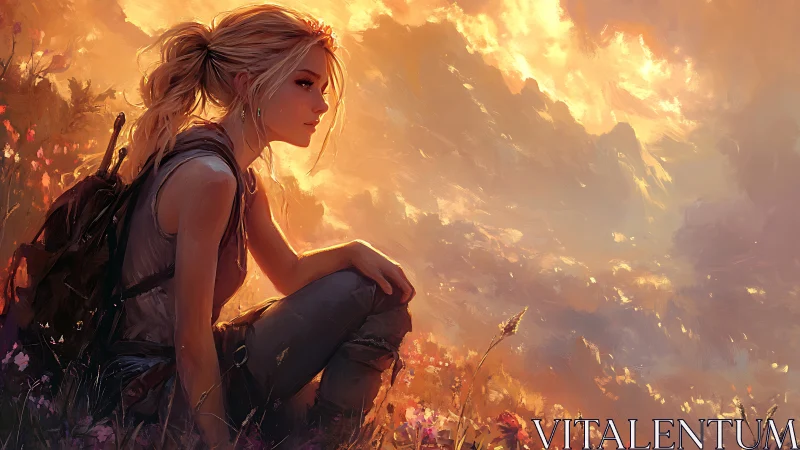 Sunlit hiker resting in wildflower field at glowing dusk.