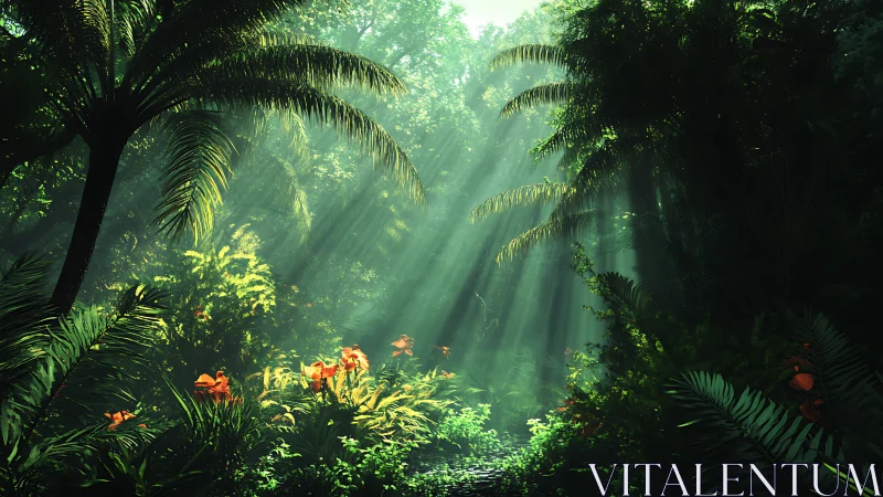Sunlit tropical jungle clearing with vivid orange flowers.