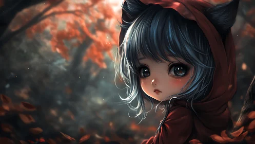 Autumn forest fox-girl in crimson hood, wistful gaze poised.