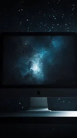 Desktop monitor displays deep-space nebula in dark studio.