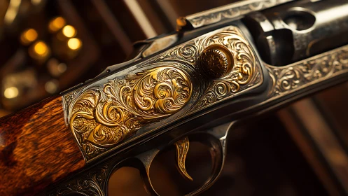 Close-up of ornate engraved shotgun with gold inlay detail.
