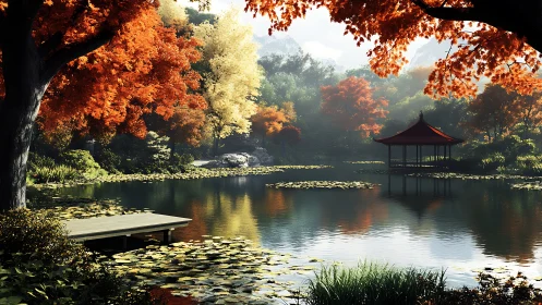 Lakeside pavilion framed by dense autumn foliage and lilies.