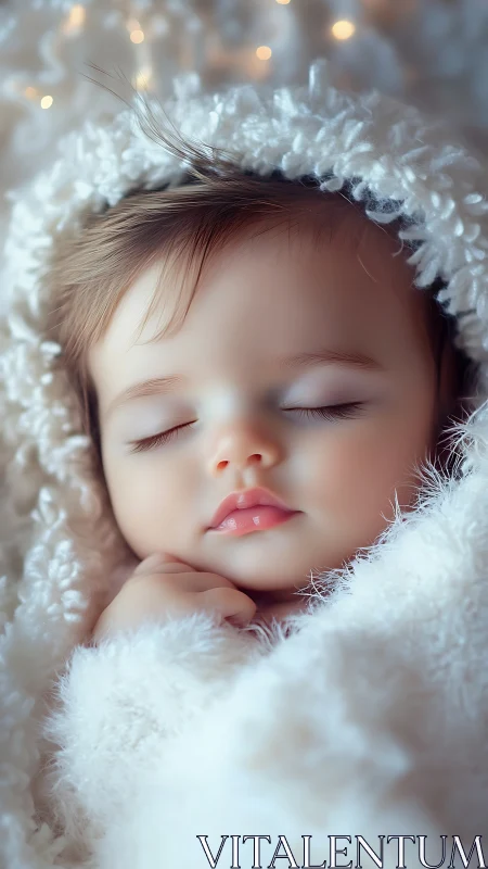Peaceful Infant Resting in Soft White Textiles.
