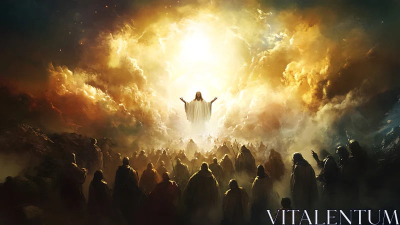 Radiant ascension over a sea of cloaked, awestruck pilgrims.