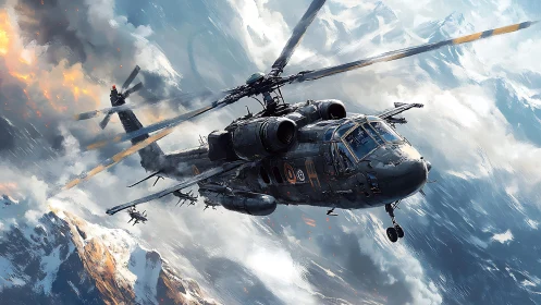 Storm-braving rescue helicopter soaring above wild peaks.