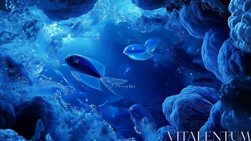Blue tropical fish gliding through glowing coral cave.