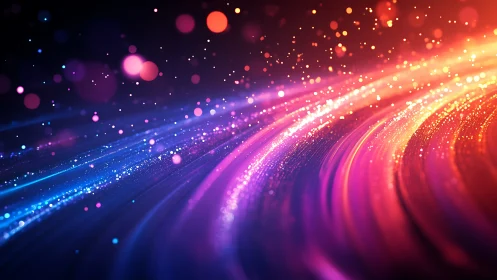 Vibrant neon light trails curve through glowing particle field