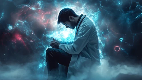 Cosmic storm curls around a weary doctor caught in thought