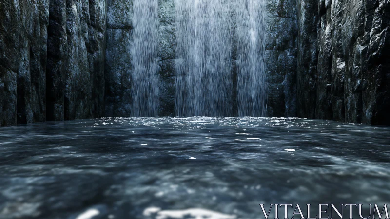 Rocky cavern pool receives vertical cascading waterfall