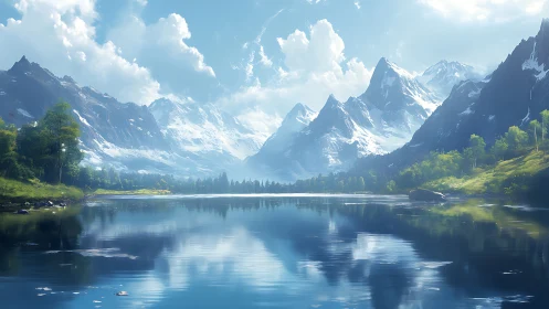 Snow-covered mountain range reflected in still blue lake.