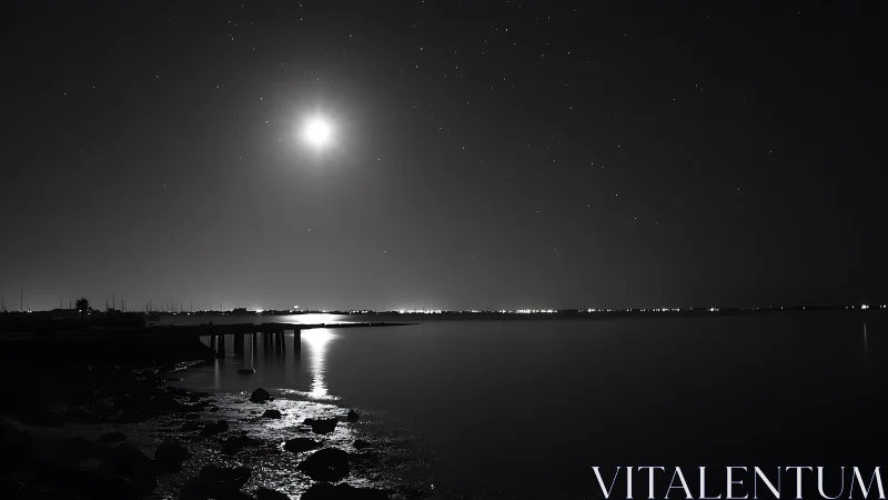 Full moon reflects over calm bay with silhouetted pier