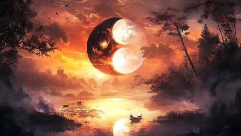 Surreal yin yang moon over misty golden twilight lake.