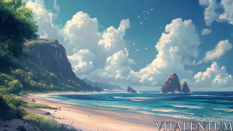 Tropical Island Coastline with Towering Sea Stacks and Cloud-Filled Sky