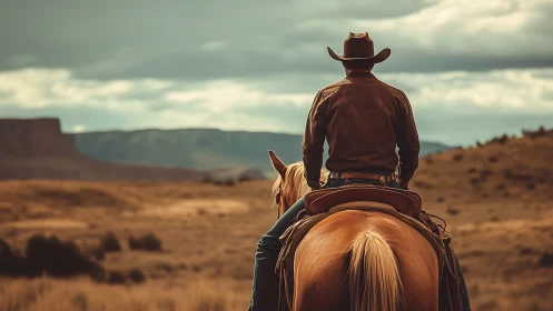 Lone cowboy on horseback surveys vast western landscape.
