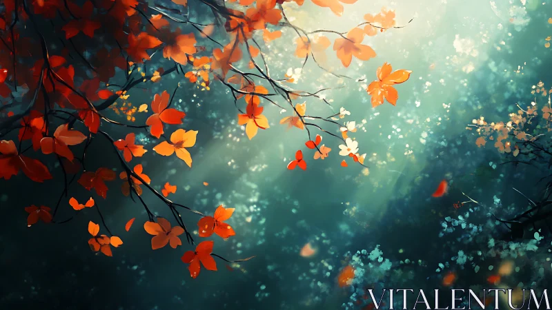 Red and orange leaves hang over soft teal forest light