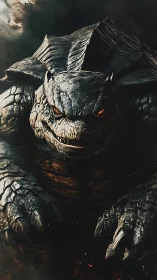 Titanic lava-eyed turtle kaiju emerging from dark smoke.