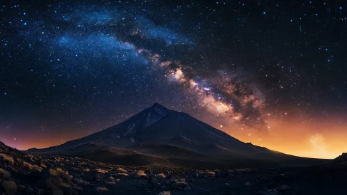 Isolated mountain under dense Milky Way band at night sky.