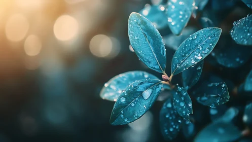 Wet green leaves hold water droplets in soft morning light