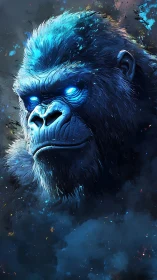 Digital painting of luminous blue cyber-simian portrait profile.