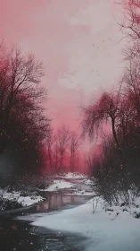 Crimson winter creek winds through a silent snowy forest.