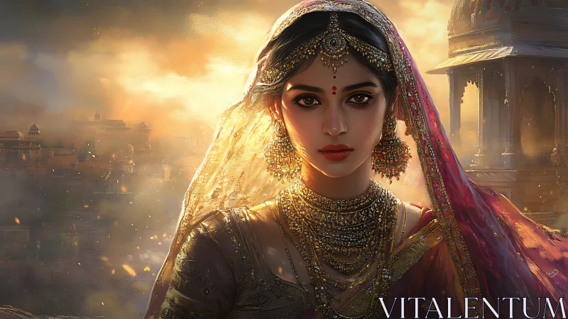 Portrait of jeweled Indian woman in ornate bridal attire