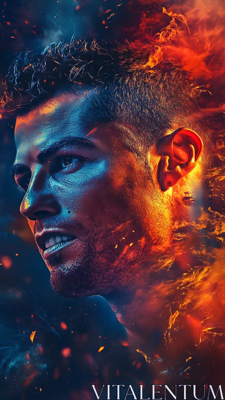 Fiery digital portrait with blue orange dual lighting effects.