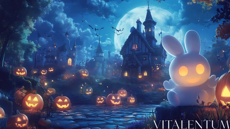 Moonlit pumpkin path and glowing bunny in haunted wonderland.