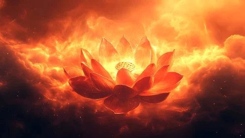 Radiant orange lotus flower floating in glowing clouds.