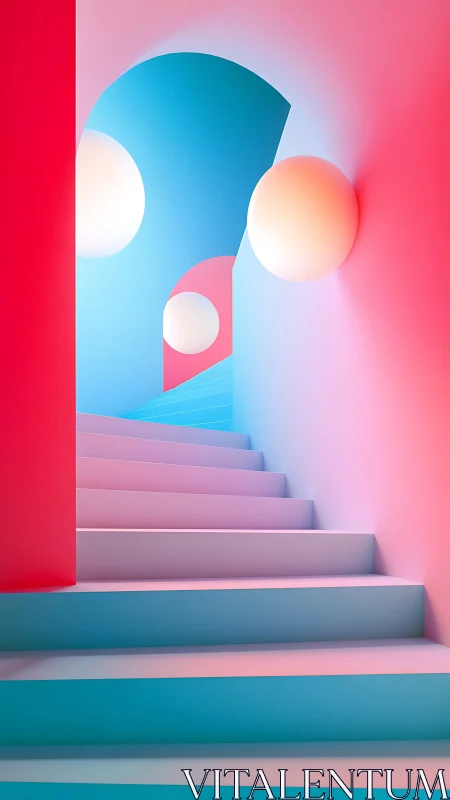 Chromatic gradient staircase with volumetric spheres in ascent.
