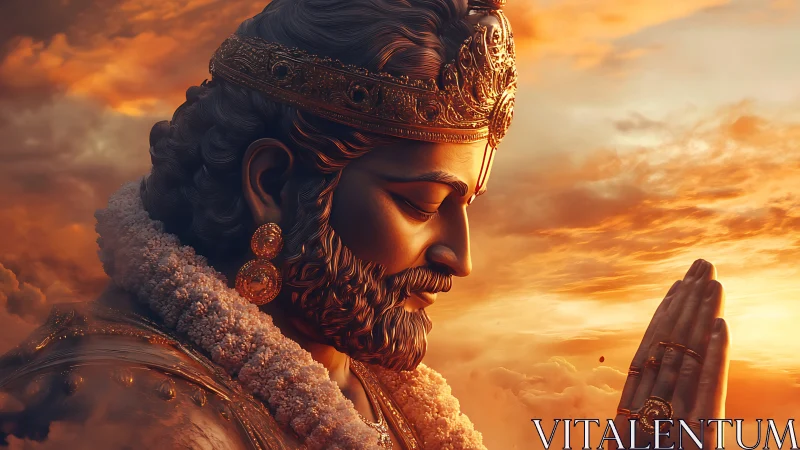 Sunlit royal deity profile in hyper-detailed devotional pose.