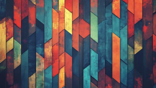 Colorful geometric wood panel pattern with vintage, rustic texture.