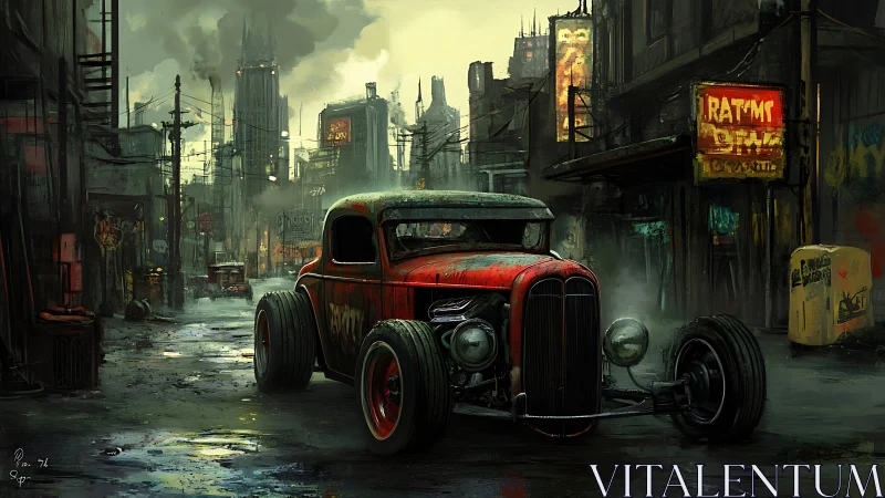 Rust crowned hot rod idles in rain slick cyberpunk alleyway.