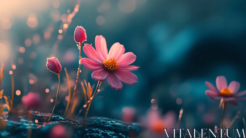 Pink cosmos flowers with water droplets against teal background