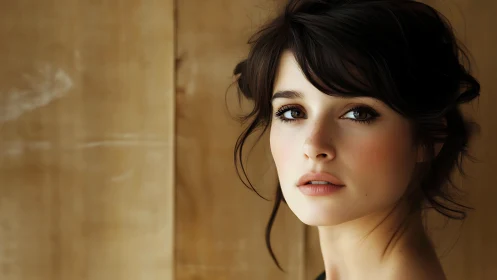 Photorealistic close-up portrait of young woman indoors.