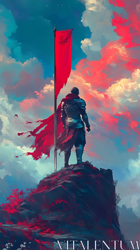 Digital painting of armored sentinel with banner on cliff summit.