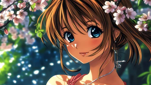 Blossom-crowned anime girl smiles in a dreamy spring garden