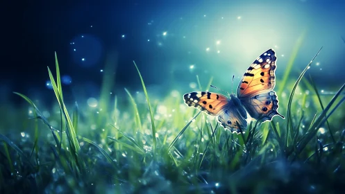 Butterfly rests on dewy grass under glowing blue twilight